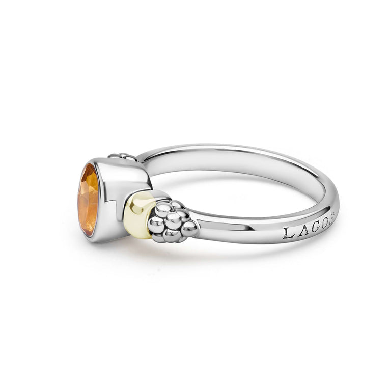 Signature Caviar Two-Tone Citrine Oval Ring in sterling silver with 14K gold accents, featuring a faceted citrine gemstone and caviar beading on the band.