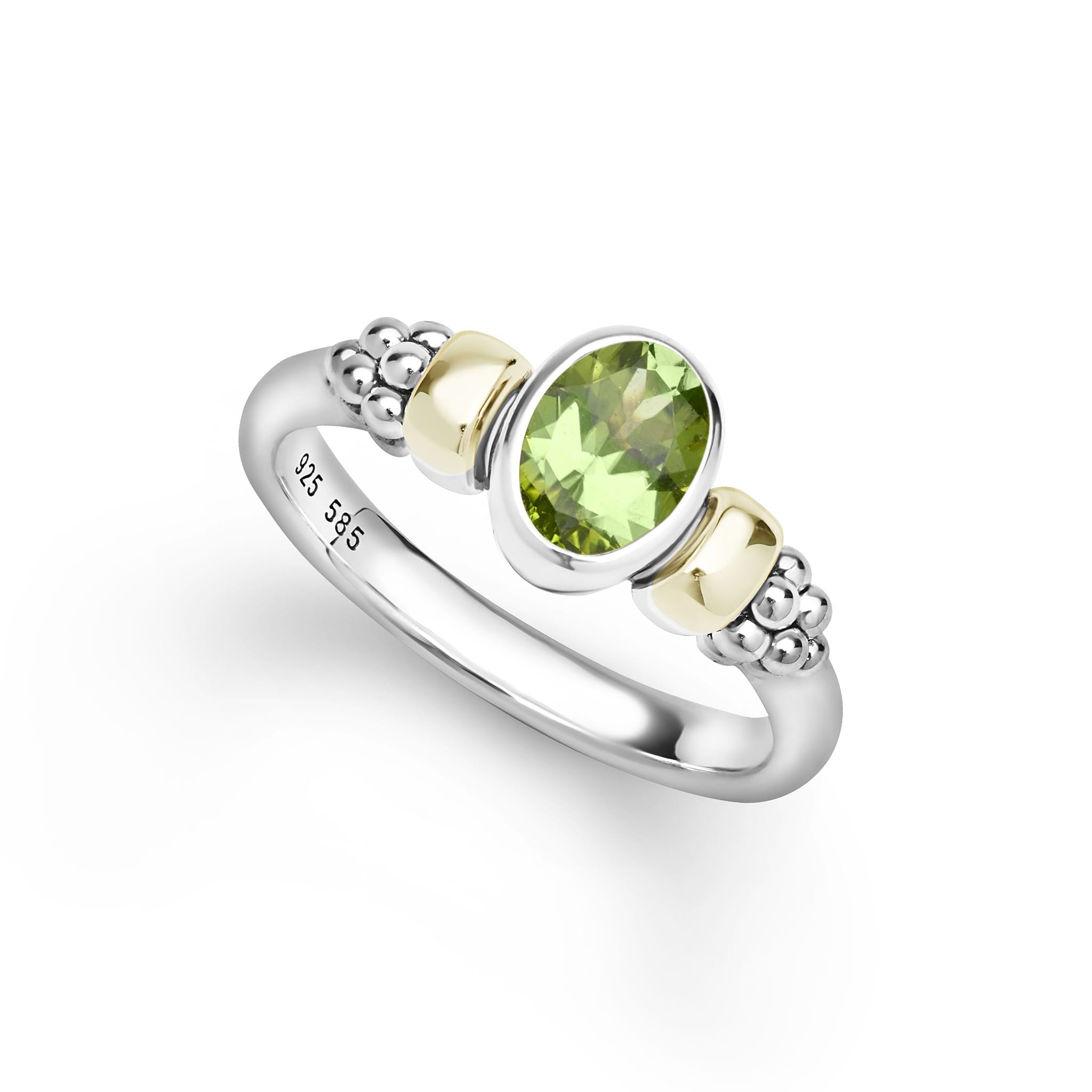 Signature Caviar Two-Tone Peridot Oval Ring featuring a faceted peridot gemstone in sterling silver with 14K gold accents and caviar beading details.
