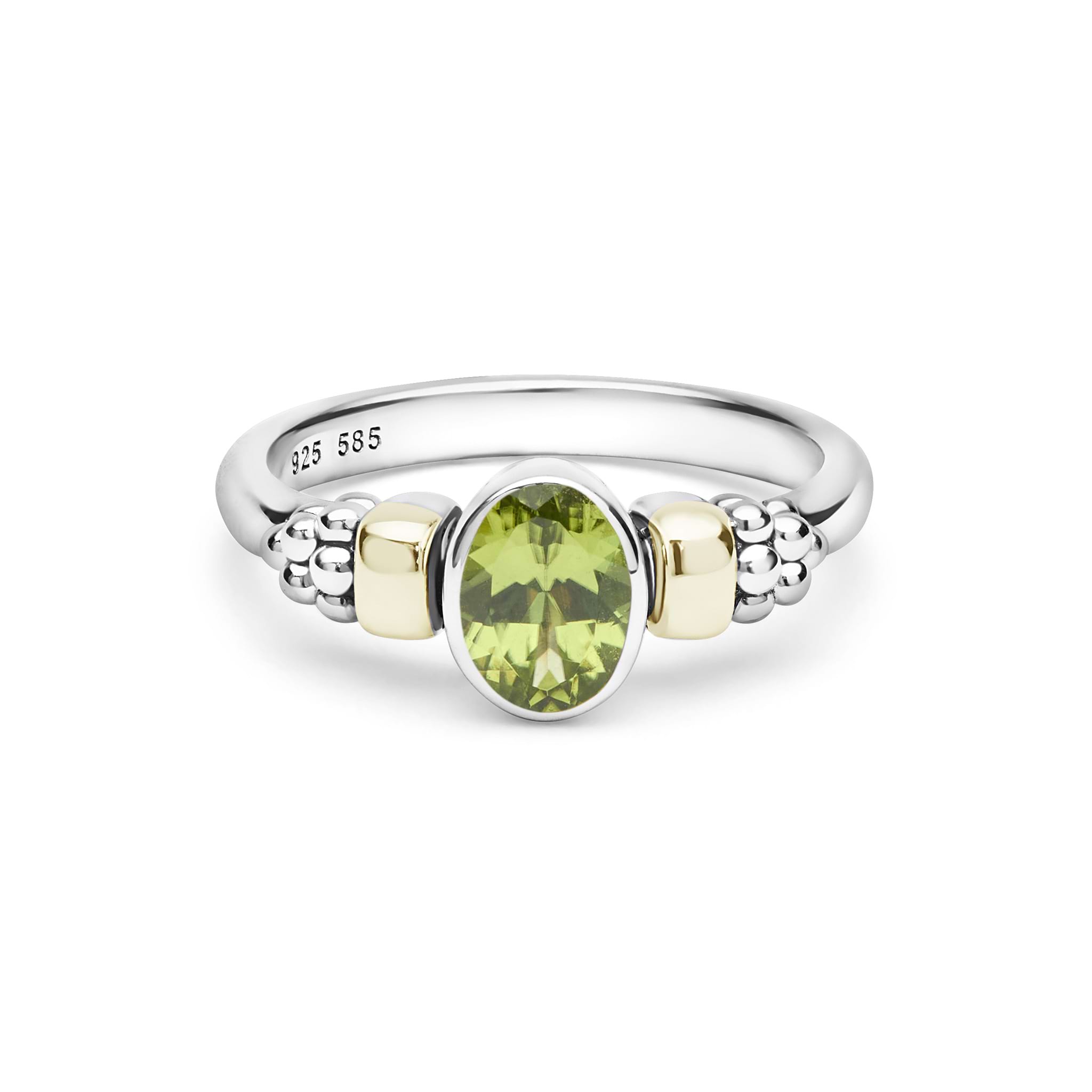 Signature Caviar Two-Tone Peridot Oval Ring in sterling silver with 14K gold accents, featuring a peridot-colored gemstone and caviar beading details.