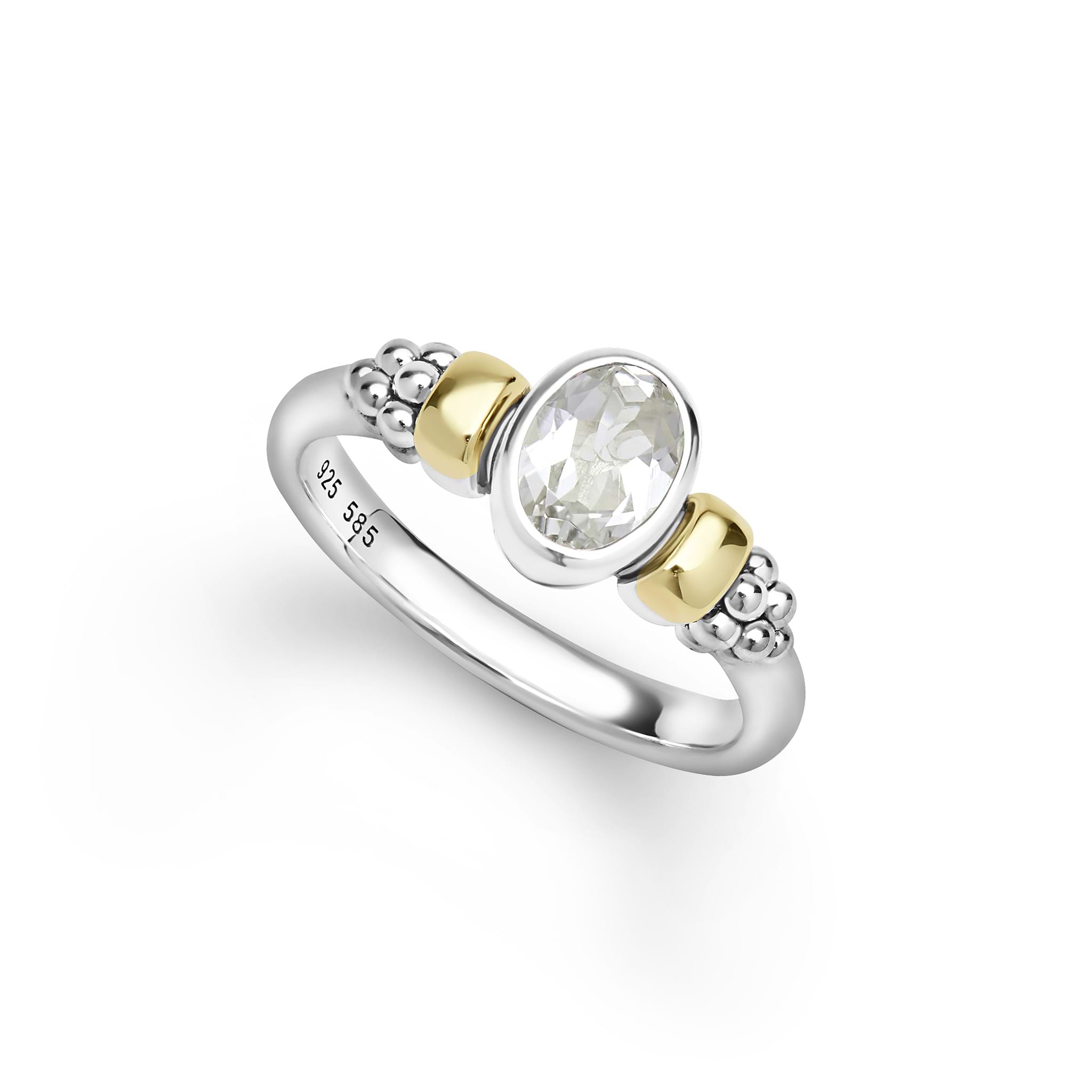 Signature Caviar Two-Tone White Topaz Oval Ring in sterling silver with 14K gold accents, featuring a faceted white topaz and caviar beading detailing.