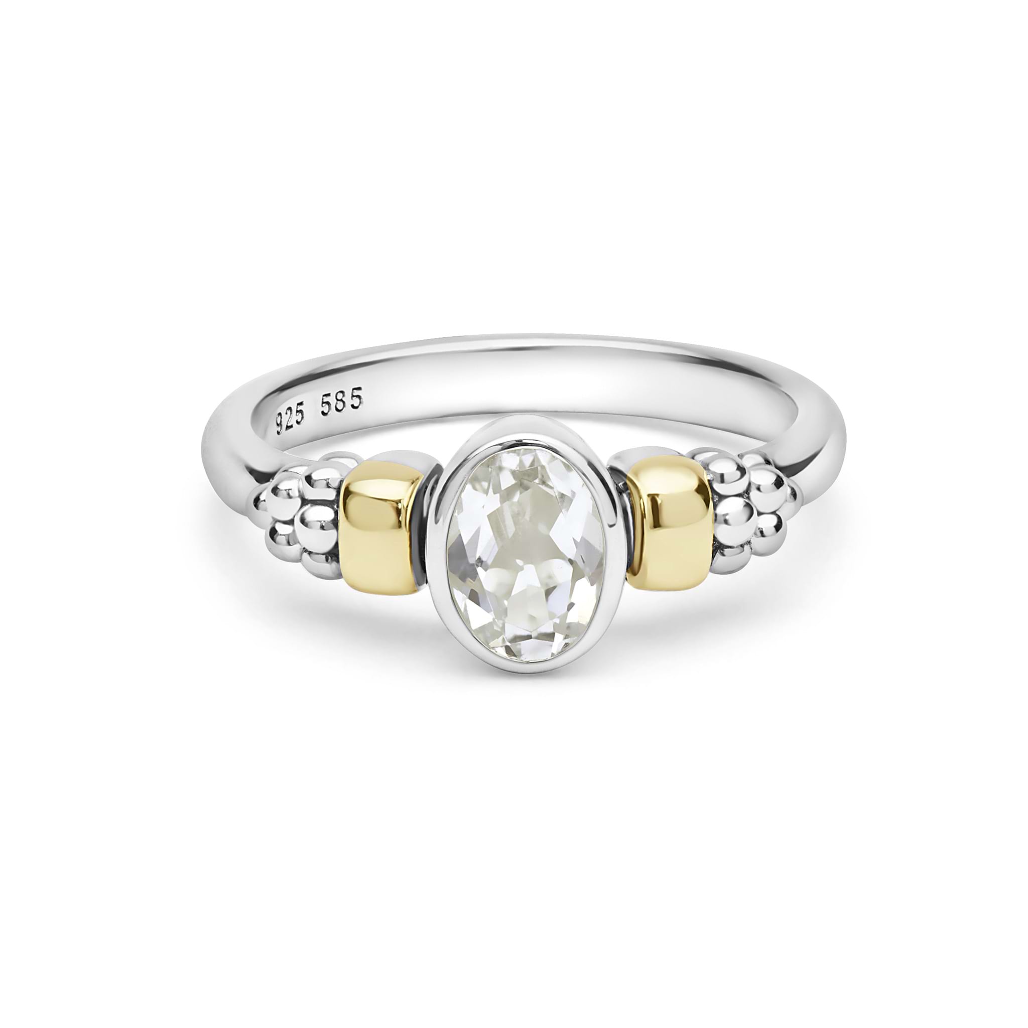 Signature Caviar Two-Tone White Topaz Oval Ring, featuring a sterling silver band with 14K gold accents and caviar beading, centered by a luminous oval white topaz.