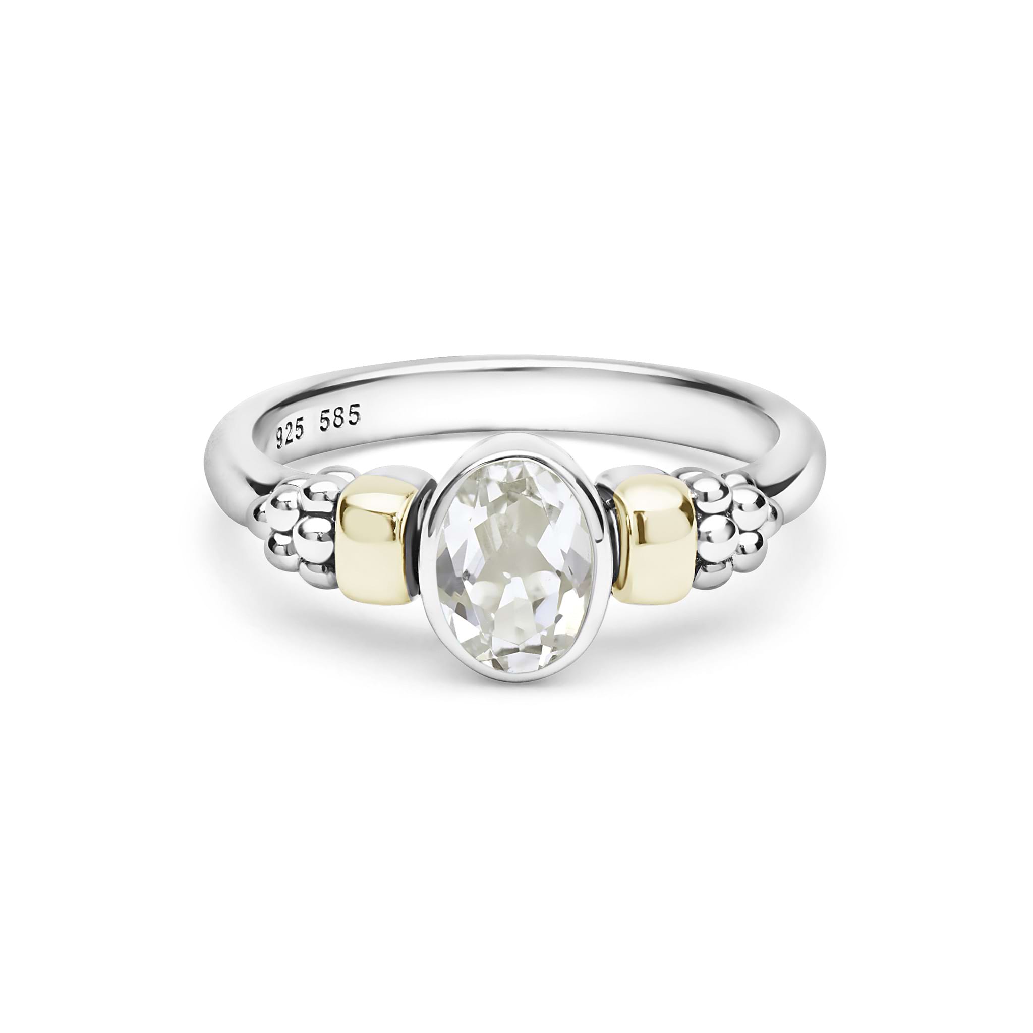 Signature Caviar Two-Tone White Topaz Oval Ring featuring a sterling silver band with 14K gold accents, caviar beading, and a central faceted white topaz gemstone.