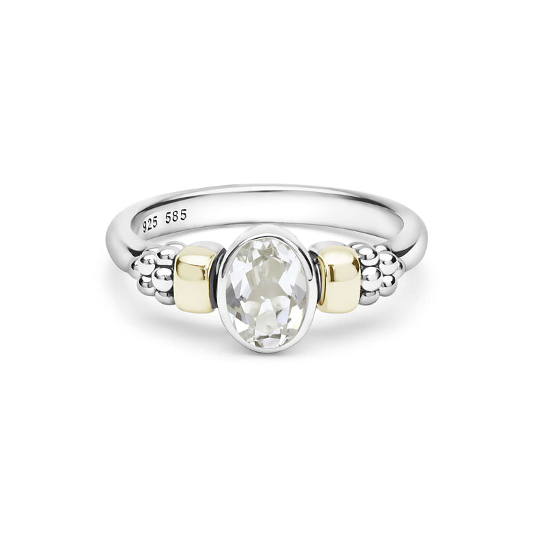 Signature Caviar Two-Tone White Topaz Oval Ring featuring a sterling silver band with 14K gold accents, caviar beading, and a central faceted white topaz gemstone.