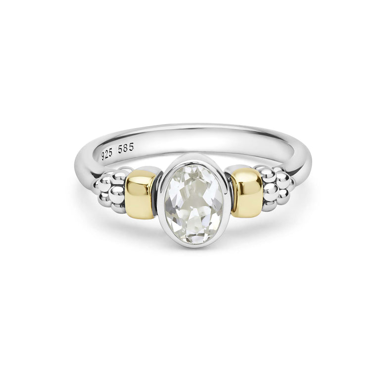 Signature Caviar Two-Tone White Topaz Oval Ring, featuring a sterling silver band with 14K gold accents and caviar beading, centered by a luminous oval white topaz.