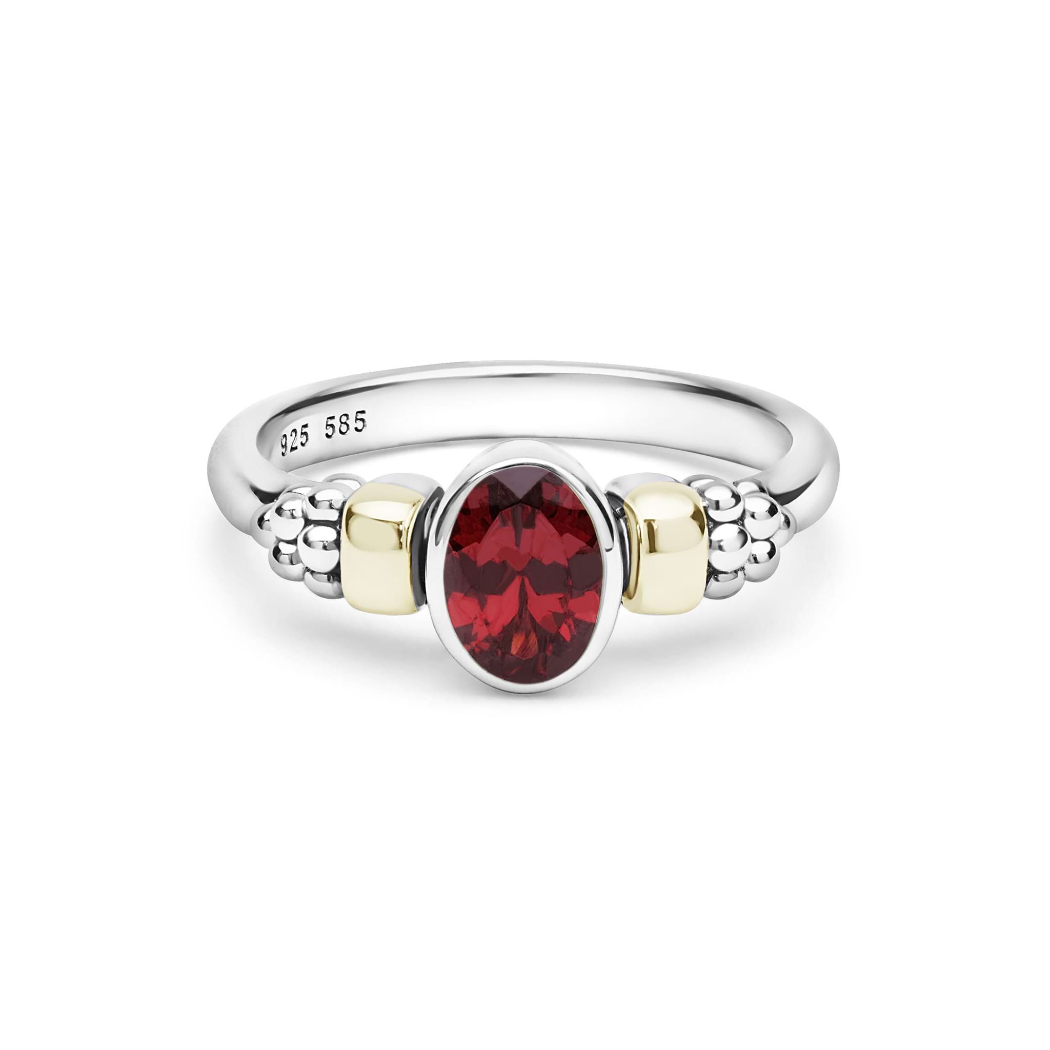 Signature Caviar Two-Tone Garnet Oval Ring featuring a central red garnet, sterling silver band, and 14K gold accents with caviar beading.