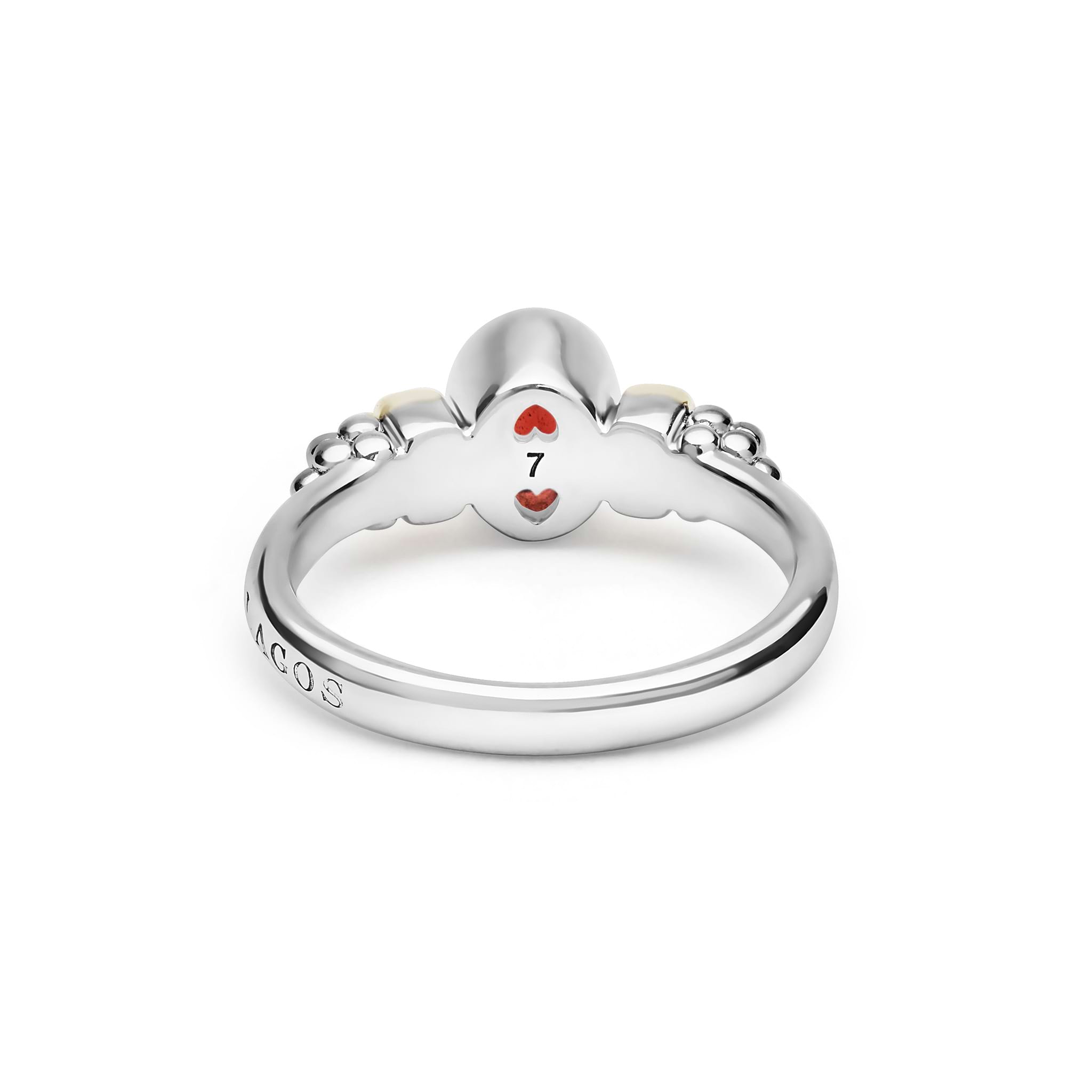 Signature Caviar Two-Tone Garnet Oval Ring featuring sterling silver and 14K gold with caviar beading, a red heart, and number 7 detailing on the crown motif.