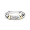 Signature Caviar Two-Tone Medium Diamond Station Ring features sterling silver caviar beading with 14K gold caps and a central pave diamond panel.