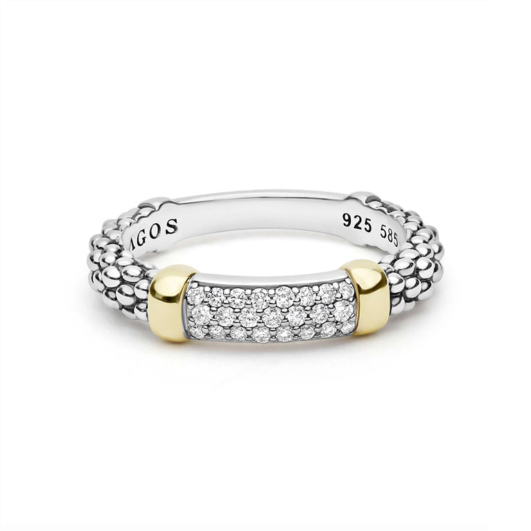 Signature Caviar Two-Tone Medium Diamond Station Ring features sterling silver caviar beading with 14K gold caps and a central pave diamond panel.