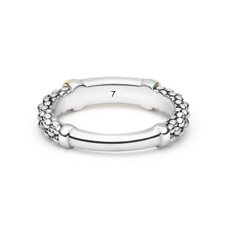 Signature Caviar Two-Tone Medium Diamond Station Ring features sterling silver segments with caviar beading, linked by clusters of silver beads, accented by polished 14K gold stations.