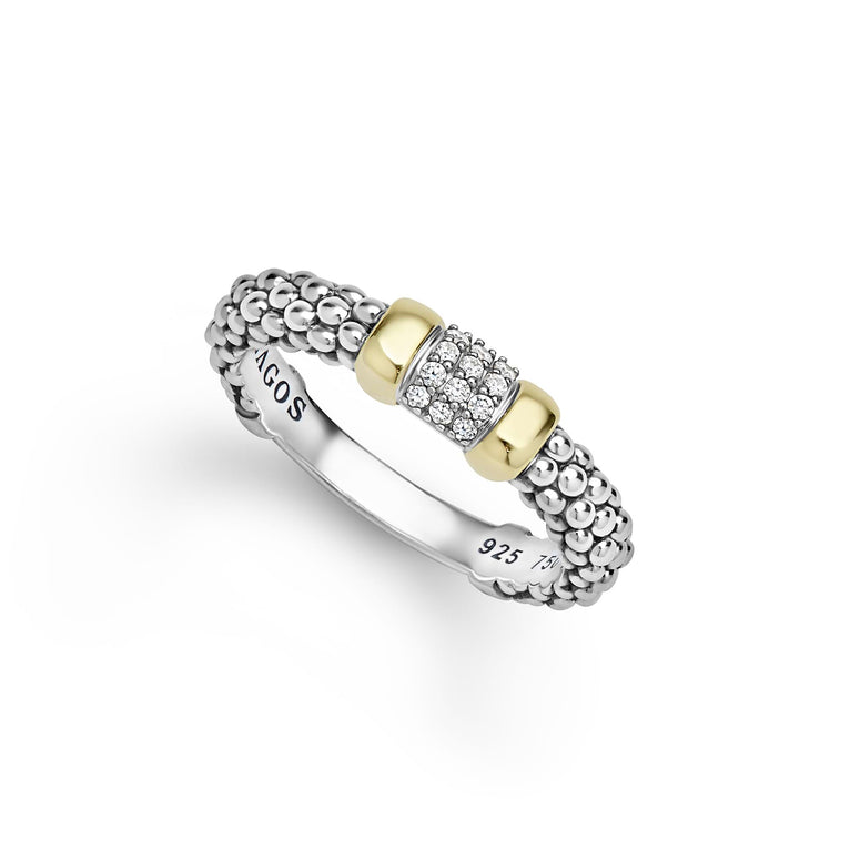 Signature Caviar Two-Tone Small Diamond Station Ring featuring sterling silver with caviar beading, 14K gold beads, and a brilliant diamond-paved center.