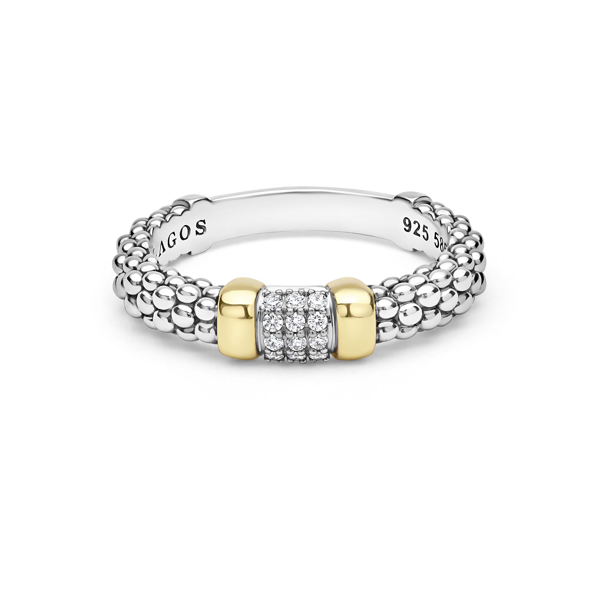 Signature Caviar Two-Tone Small Diamond Station Ring featuring sterling silver caviar beading with a 14K gold station and diamond accents, showcasing LAGOS elegance and craftsmanship.