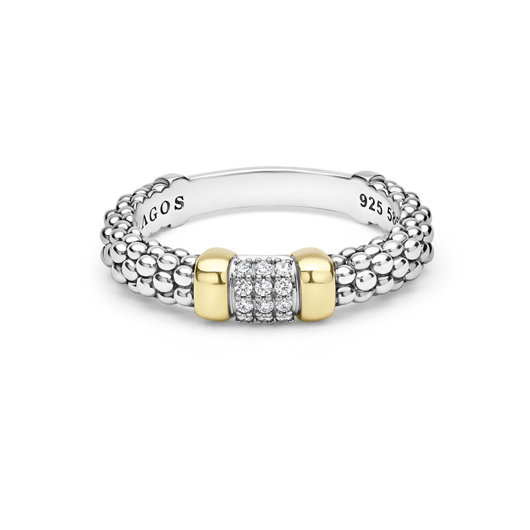 Signature Caviar Two-Tone Small Diamond Station Ring featuring sterling silver caviar beading with a 14K gold station and diamond accents, showcasing LAGOS elegance and craftsmanship.