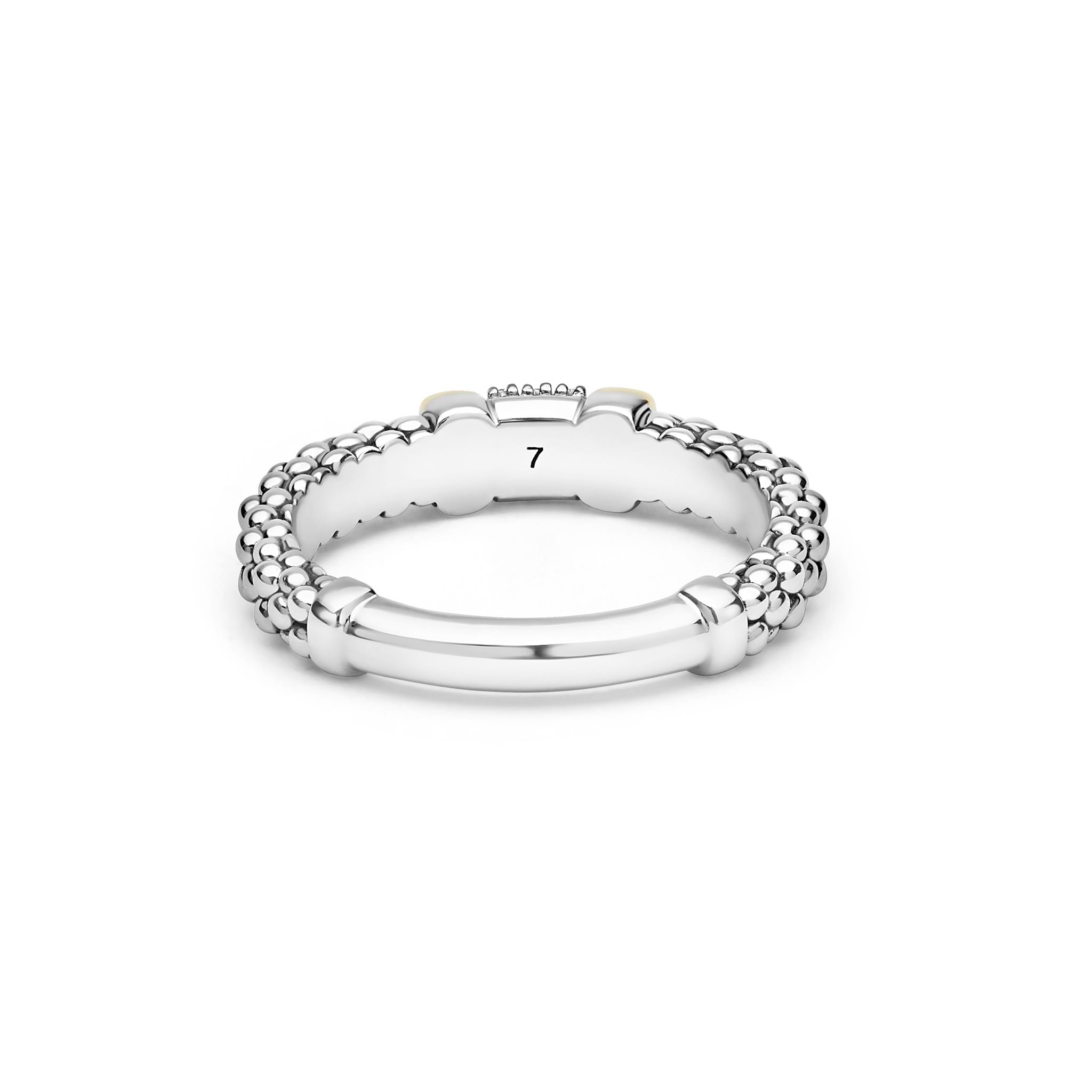 Signature Caviar Two-Tone Small Diamond Station Ring featuring sterling silver caviar beading, polished 14K gold stations, and diamonds, with a visible size 7 stamp inside one ring.