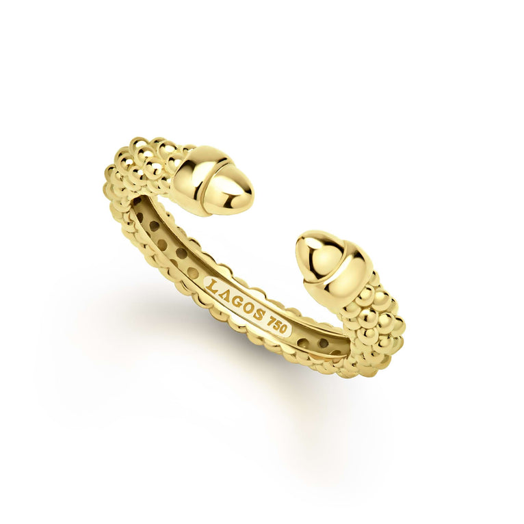 Signature Caviar 18K Gold Mini Versa Stacking Ring featuring LAGOS beaded Caviar texture, open-end design with polished bullet-shaped ends, ideal for stacking or solo wear.
