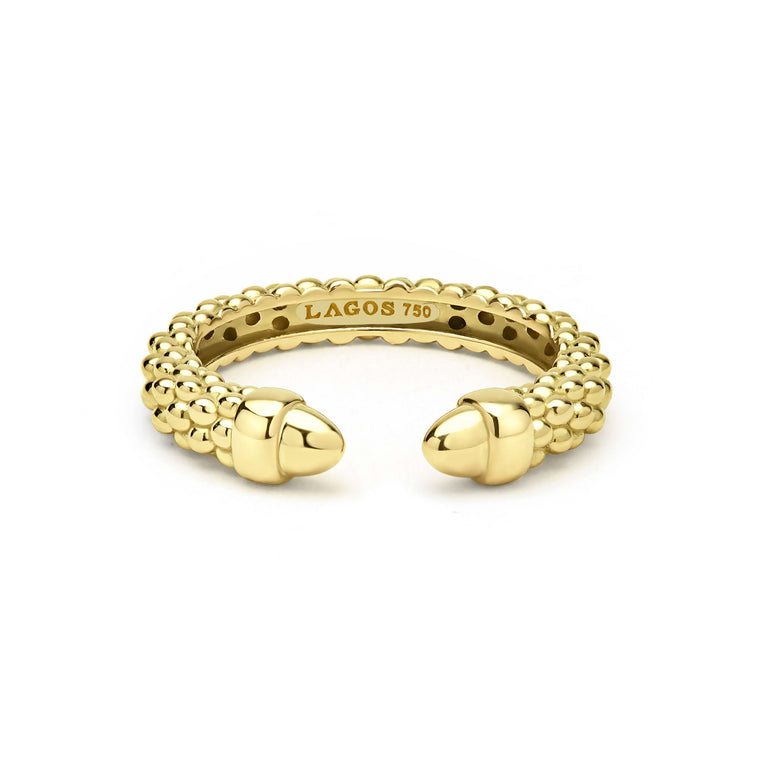 Signature Caviar 18K Gold Mini Versa Stacking Ring with distinctive Caviar beading in an open silhouette, showcasing LAGOS craftsmanship in 18K gold.