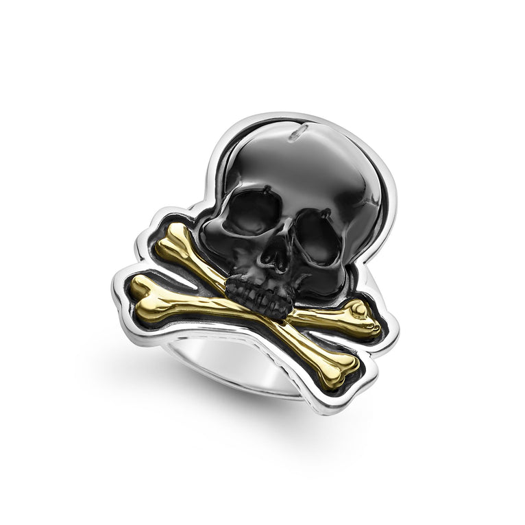 Intricately crafted black agate gemstone and 18K gold skull and bones motif ring surrounded by sterling silver.