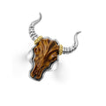 Intricately crafted tiger eye gemstone and 18K gold bull motif ring surrounded by sterling silver.