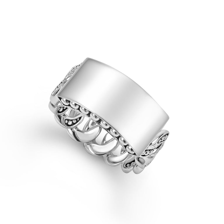 LAGOS silver engravable curb link ring with Caviar beaded design