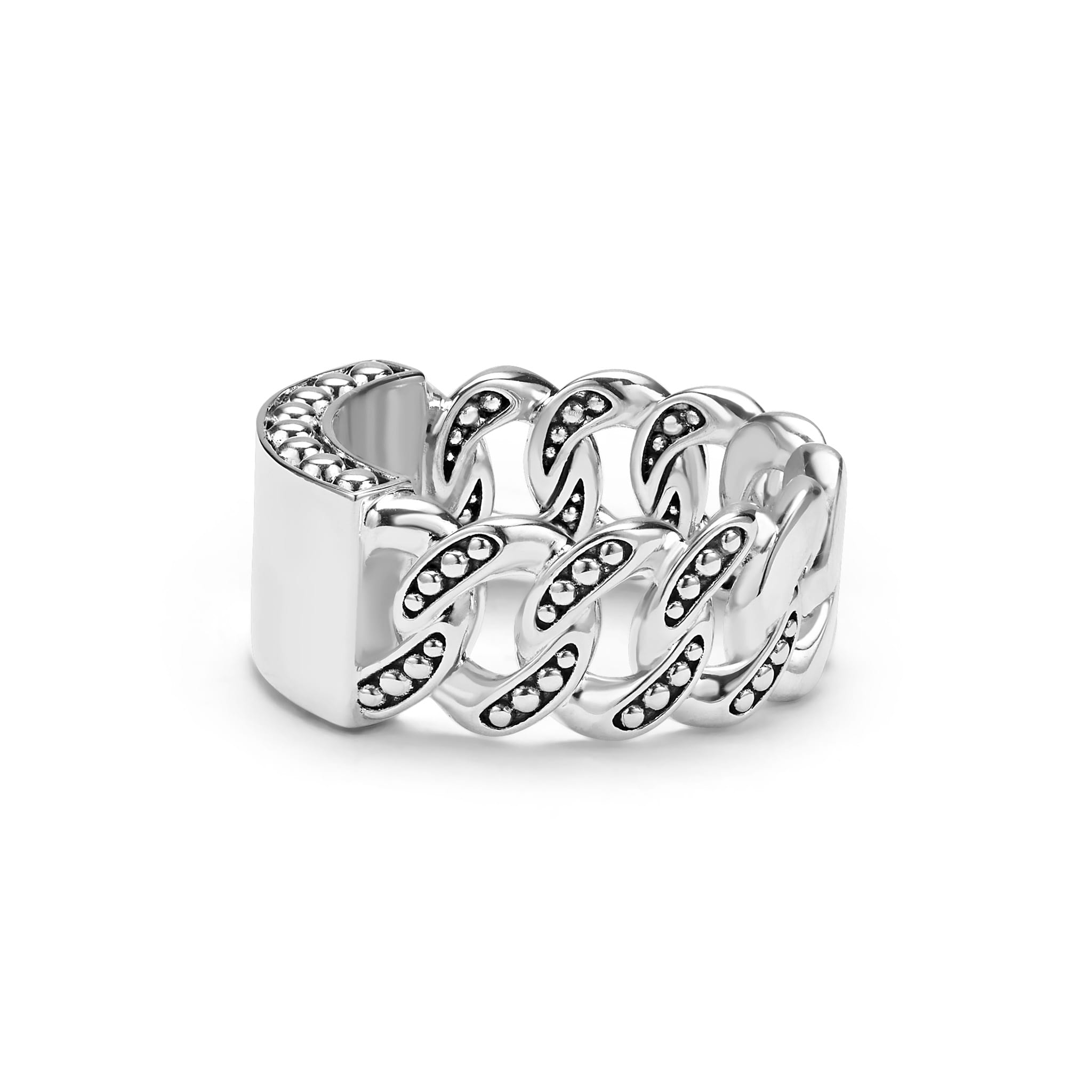 LAGOS silver engravable curb link ring with Caviar beaded design