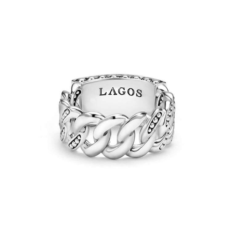 LAGOS silver engravable curb link ring with Caviar beaded design