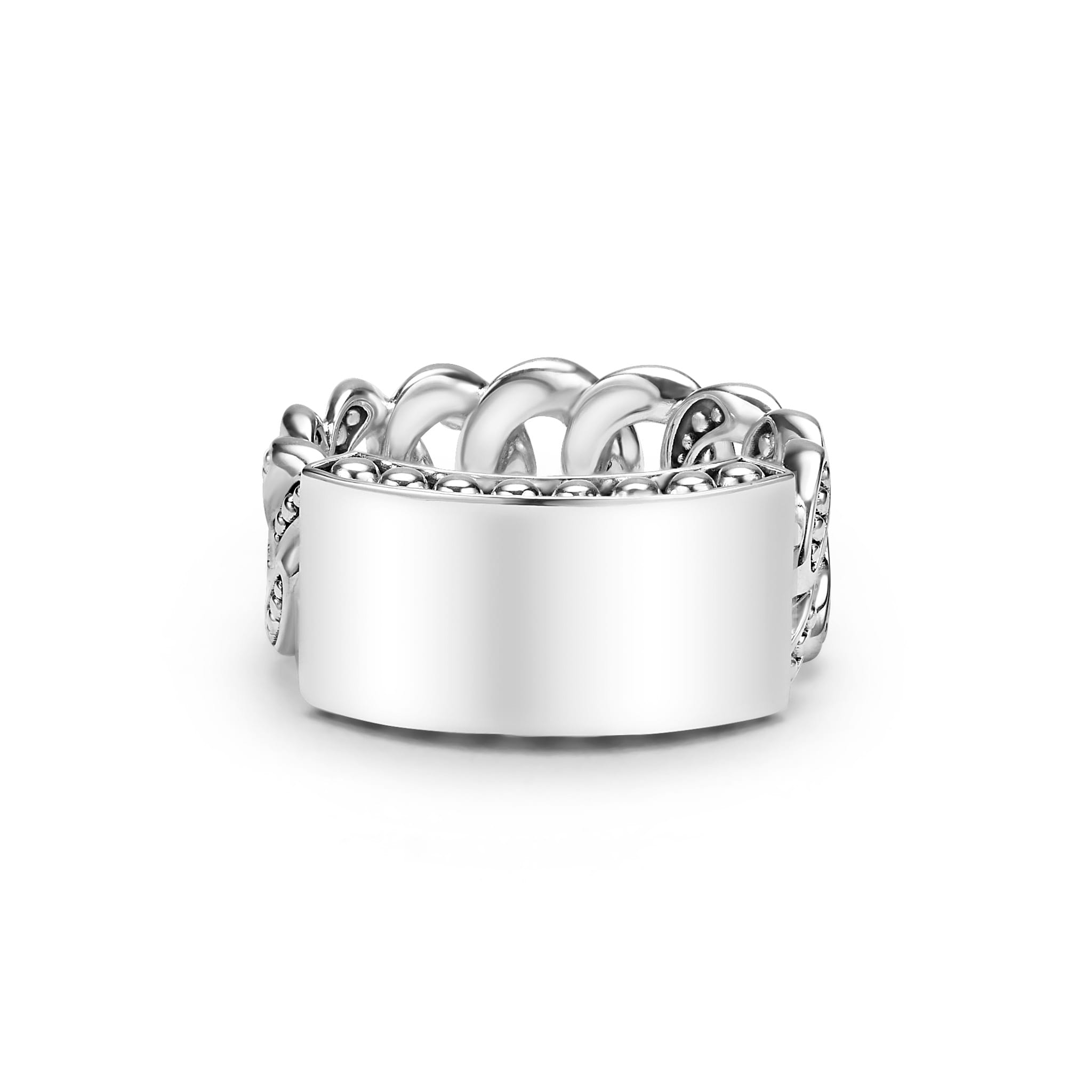LAGOS silver engravable curb link ring with Caviar beaded design