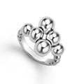 Front of sterling silver ring where beads cross over