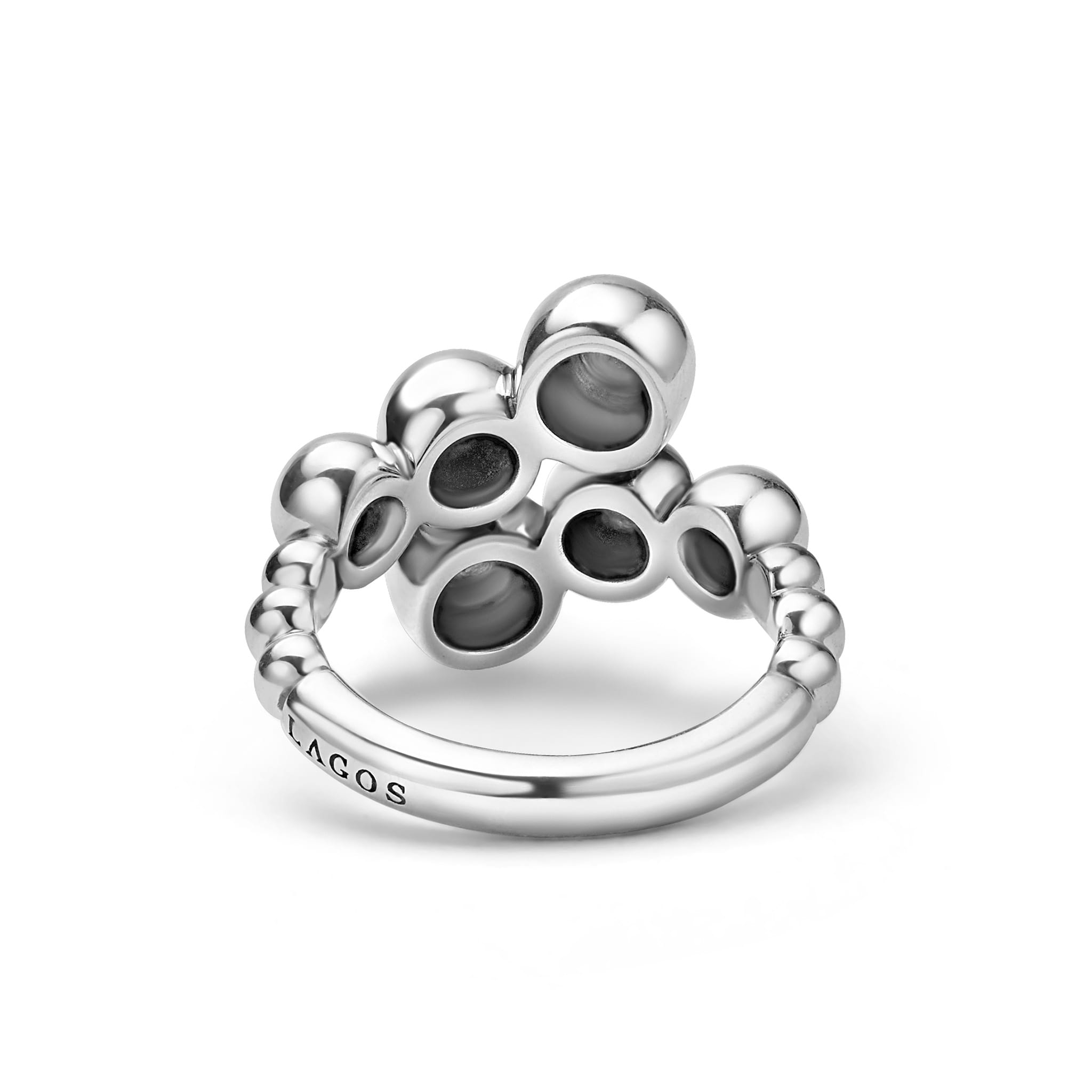 back of sterling silver ring where beads cross over with LAGOS engraving
