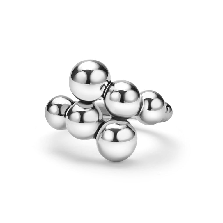 Front of sterling silver ring where beads cross over