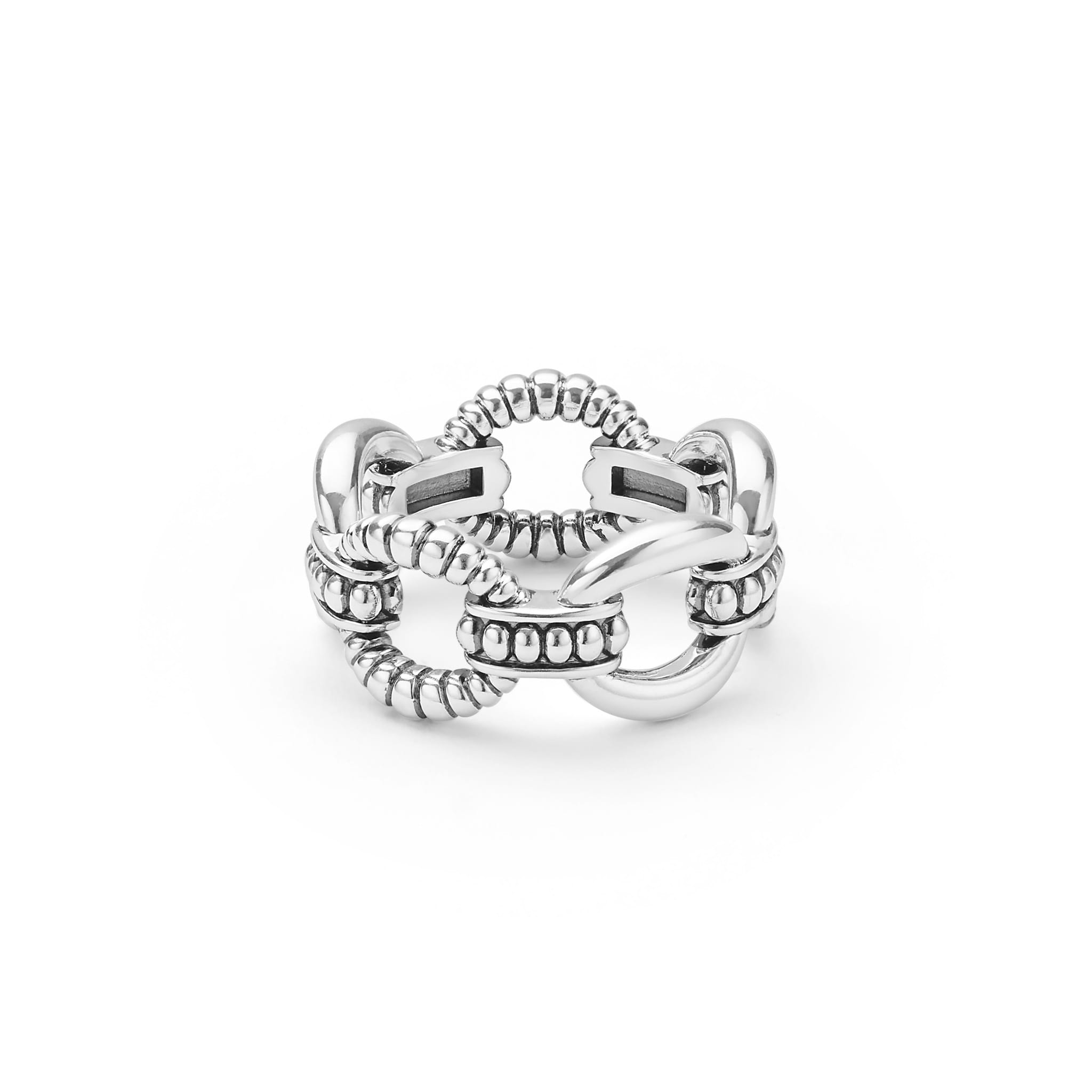 Signature Caviar Sterling Silver Caviar Link Ring featuring interlocking, coil-like bands with clawed ends forming a chunky knot motif, showcasing modern artisan craftsmanship.