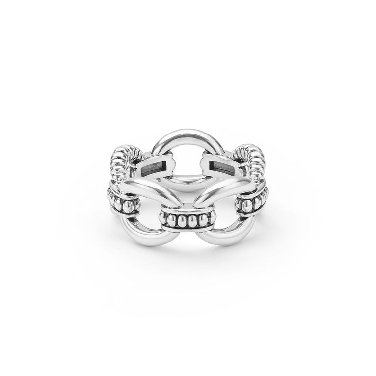 Signature Caviar Sterling Silver Caviar Link Ring featuring interlocking, rope-textured links for a bold, contemporary statement piece, crafted with artisanal precision.