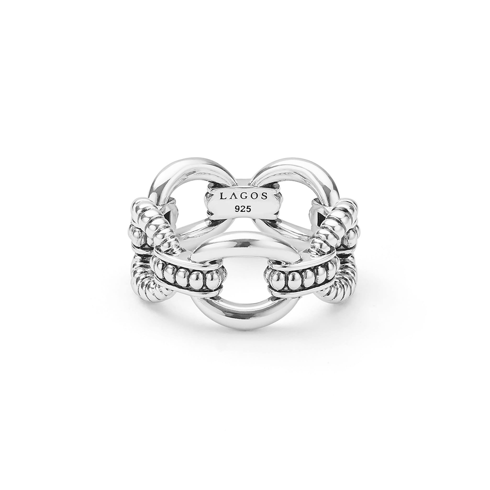 Signature Caviar Sterling Silver Caviar Link Ring featuring interlocking loops with caviar beaded detailing, stamped with LAGOS 925, showcasing bold, elegant craftsmanship.