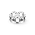 Signature Caviar Sterling Silver Caviar Link Ring featuring interlocking loops with caviar beaded detailing, stamped with LAGOS 925, showcasing bold, elegant craftsmanship.