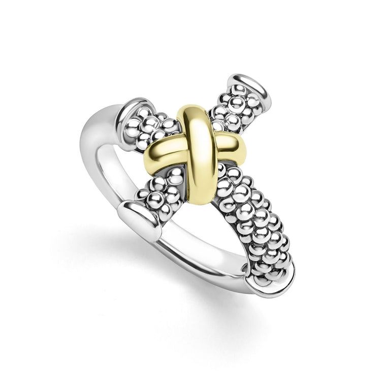 beaded sterling silver and gold cross ring