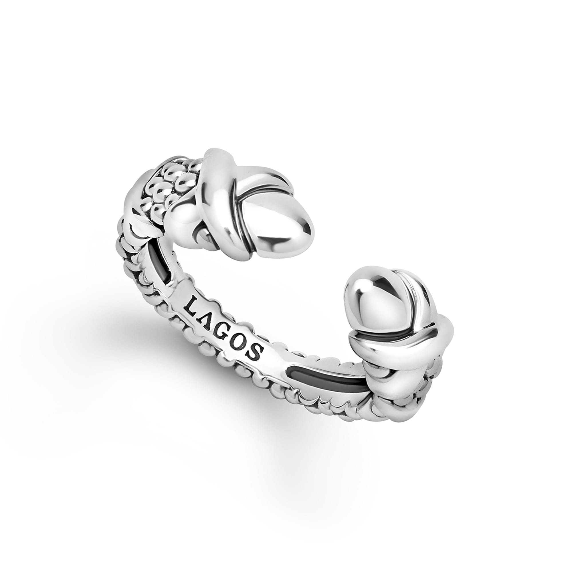 Sterling Silver Embrace Versa Ring showcasing a polished rope-style band with dual knot ends, featuring LAGOS signature Caviar texture and X detail for elegance.