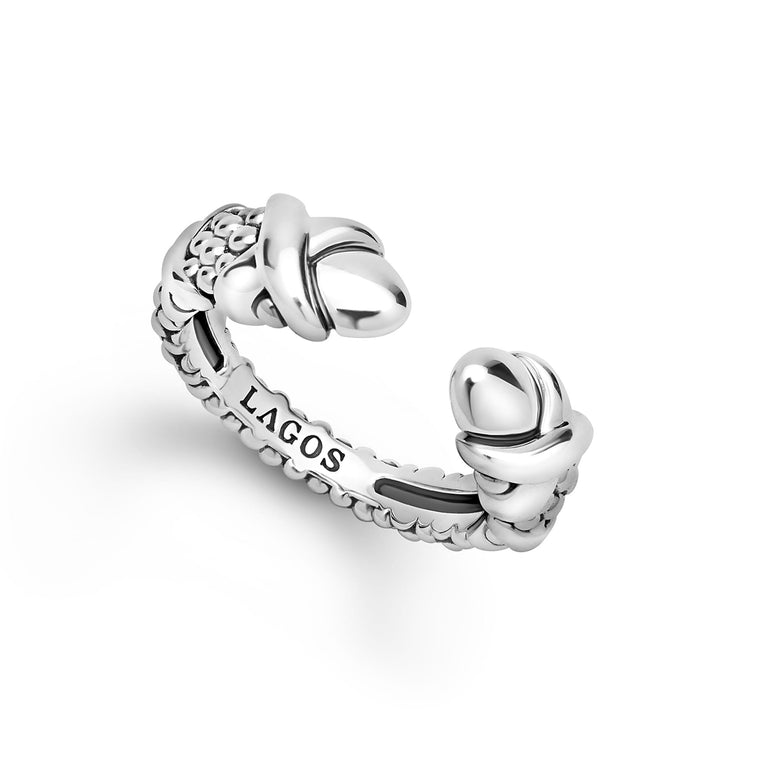 Sterling Silver Embrace Versa Ring showcasing a polished rope-style band with dual knot ends, featuring LAGOS signature Caviar texture and X detail for elegance.