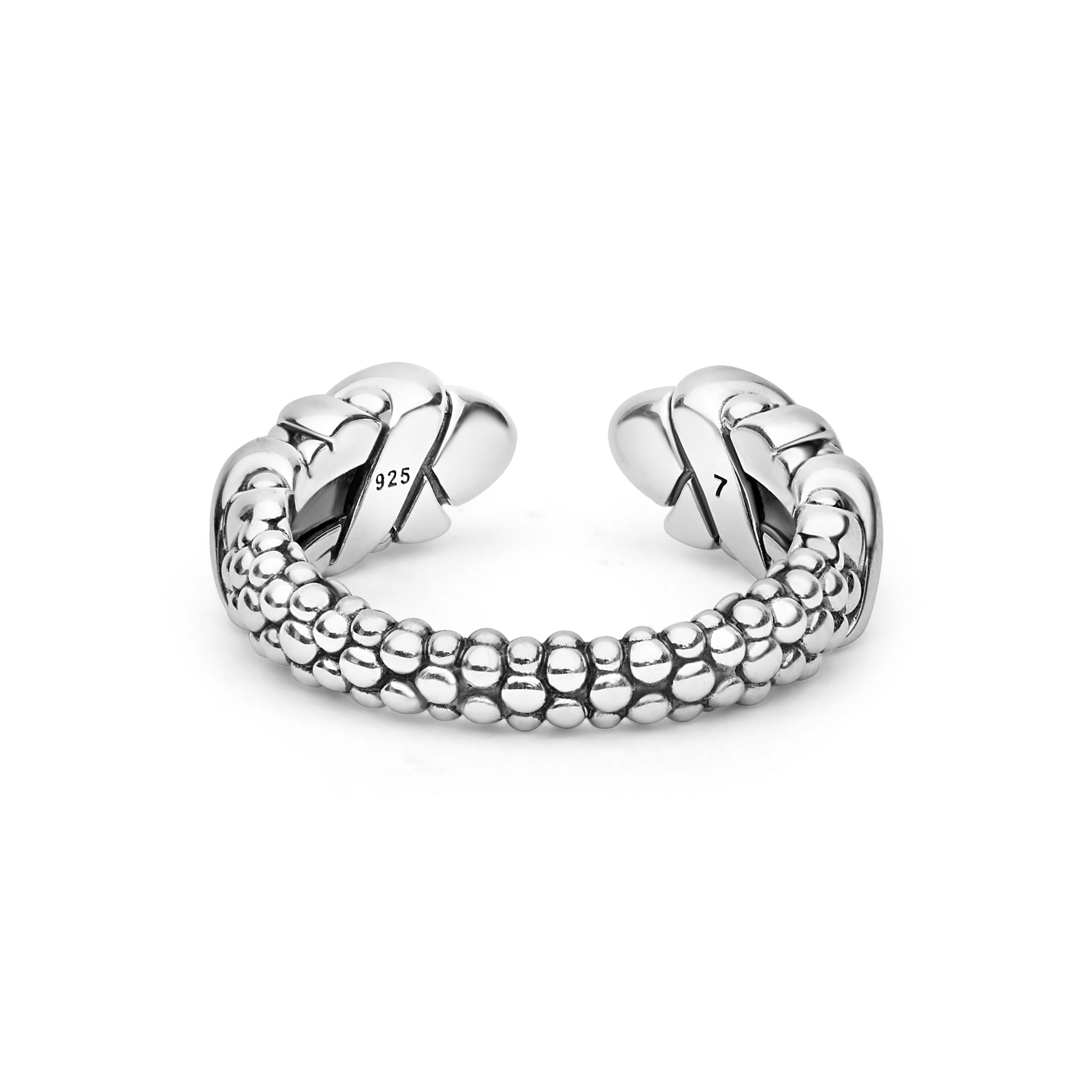 Sterling silver cuff bracelet with animal head ends and textured scale pattern, showcasing LAGOS' commitment to elegance and quality craftsmanship.