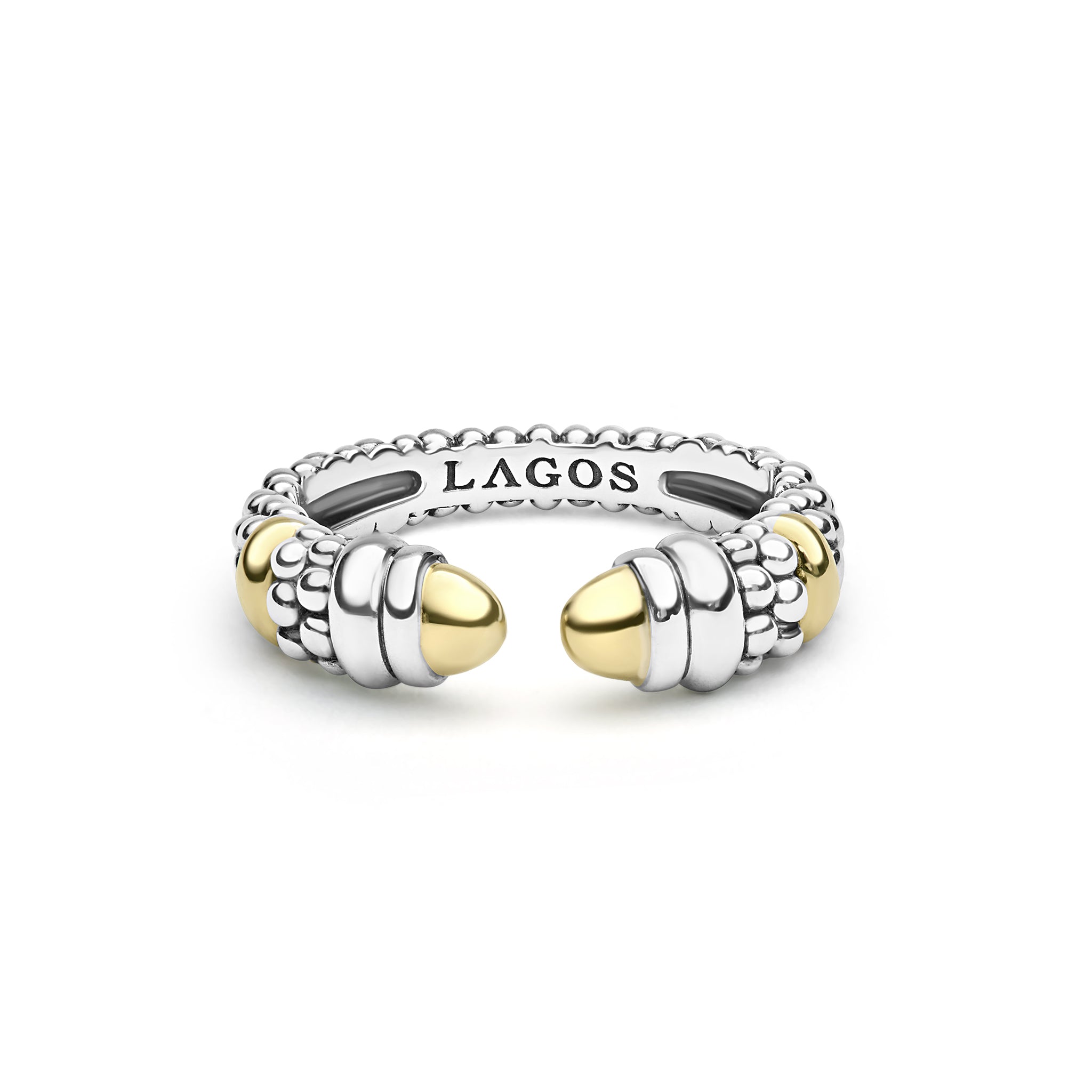 Signature Caviar Two-Tone Station Versa Stacking Ring in sterling silver with textured bands and 18K gold end-caps, featuring caviar beading details.