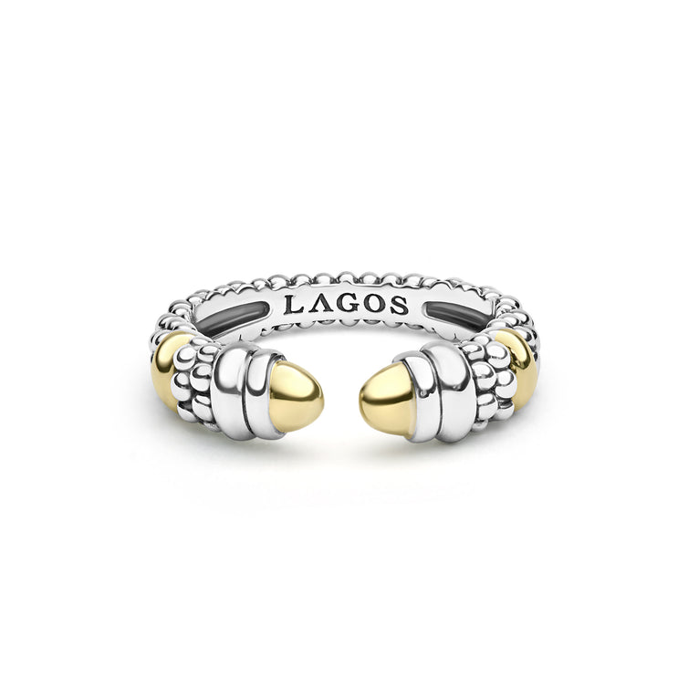 Signature Caviar Two-Tone Station Versa Stacking Ring in sterling silver with textured bands and 18K gold end-caps, featuring caviar beading details.