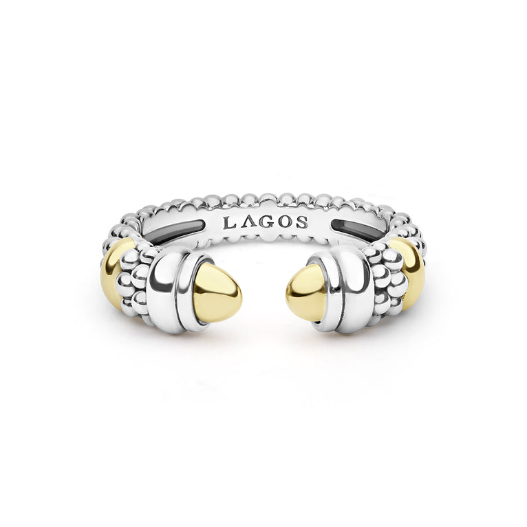 Signature Caviar Two-Tone Station Versa Stacking Ring features sterling silver with caviar beading and 18K gold accents, ideal for stacking or standalone wear.