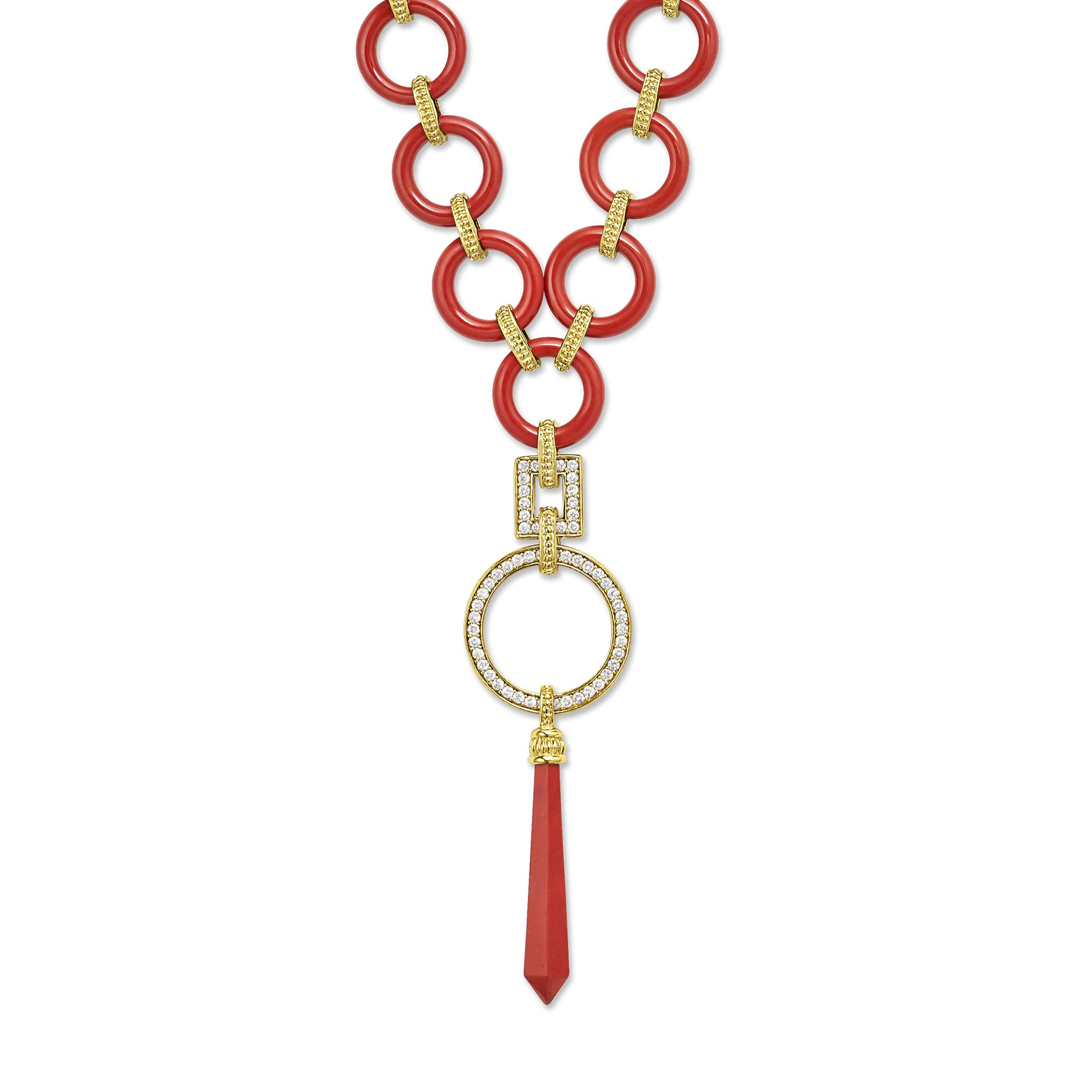 18K gold, sterling silver, diamonds, and red jasper form this statement pendant necklace. LAGOS diamonds are the highest quality natural stones.