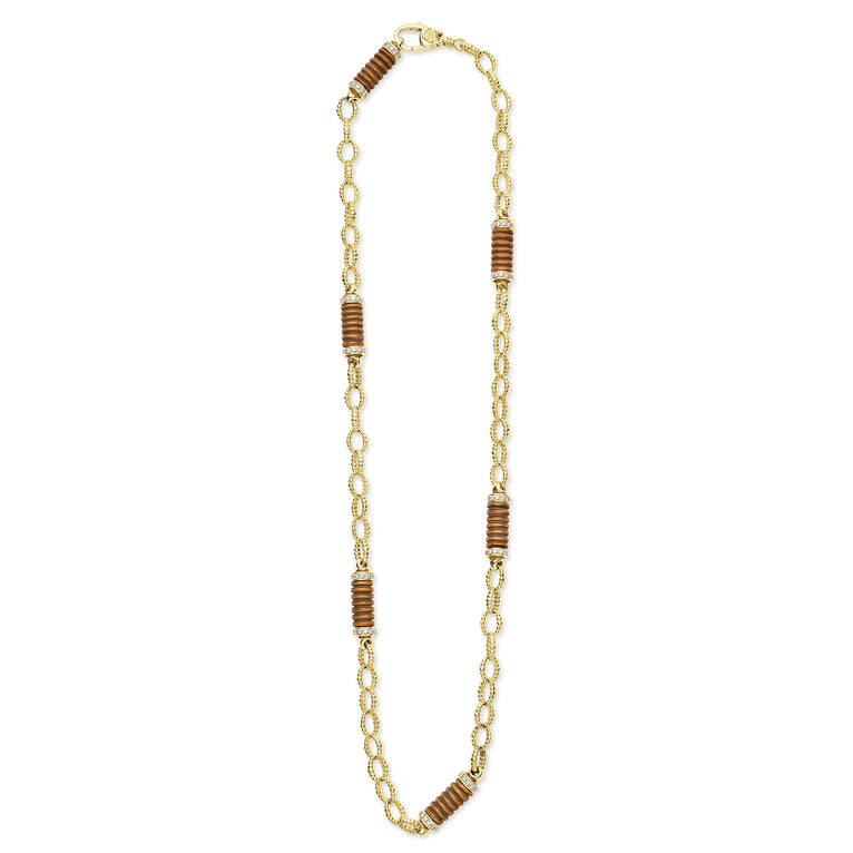 Caviar Gold Fluted Tiger Eye and 18K Gold Caviar Beaded Link Necklace