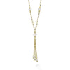 Elegant and refined, this 18K gold necklace features milky quartz beads along an oval flat-link chain, finished with a graceful tassel for timeless sophistication