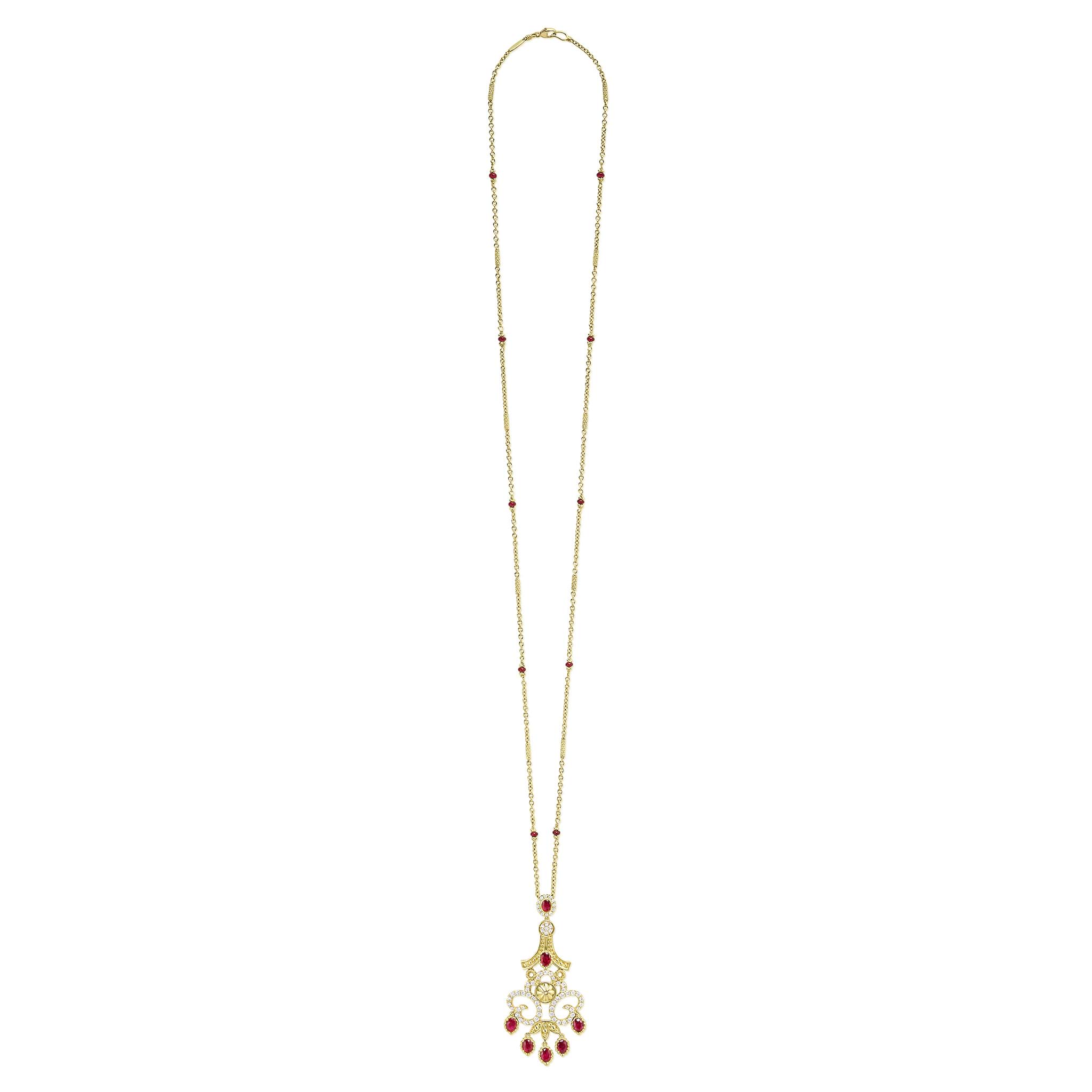 18k gold, diamonds, and ruby gemstone details form this chandelier necklace. LAGOS diamonds are the highest quality natural stones.