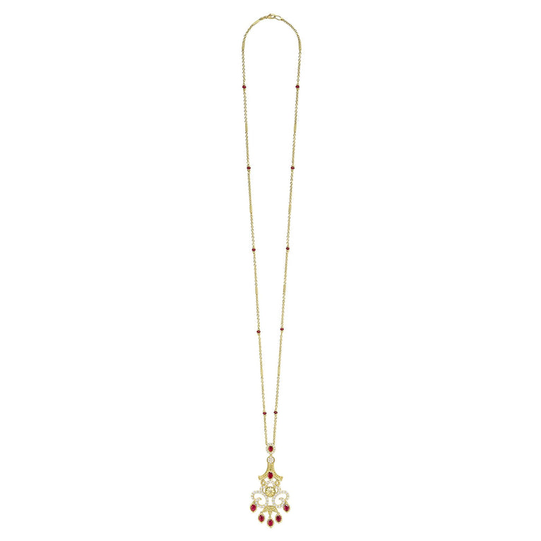 18k gold, diamonds, and ruby gemstone details form this chandelier necklace. LAGOS diamonds are the highest quality natural stones.