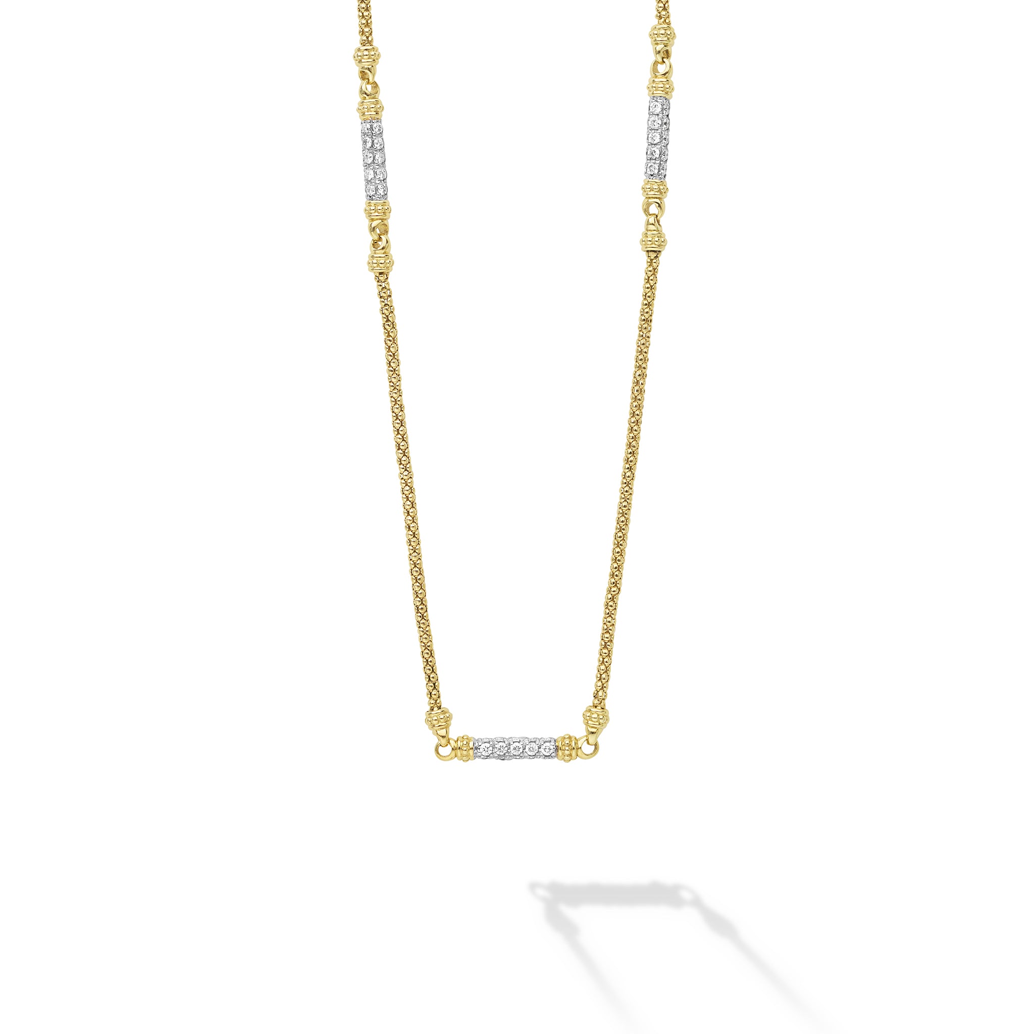 18K Caviar Gold Diamond 3 Station Chain Necklace