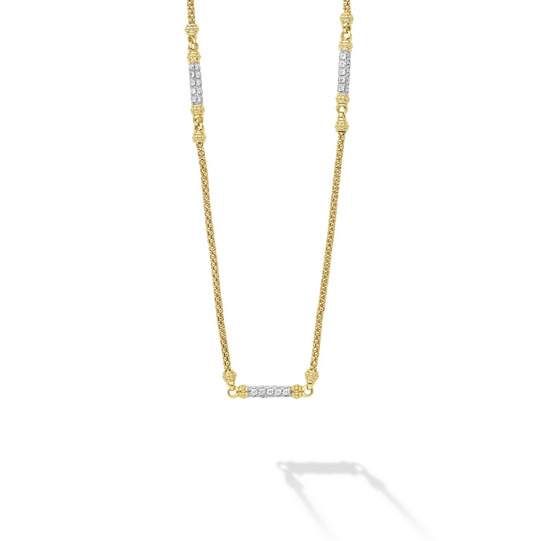 18K Caviar Gold Diamond 3 Station Chain Necklace