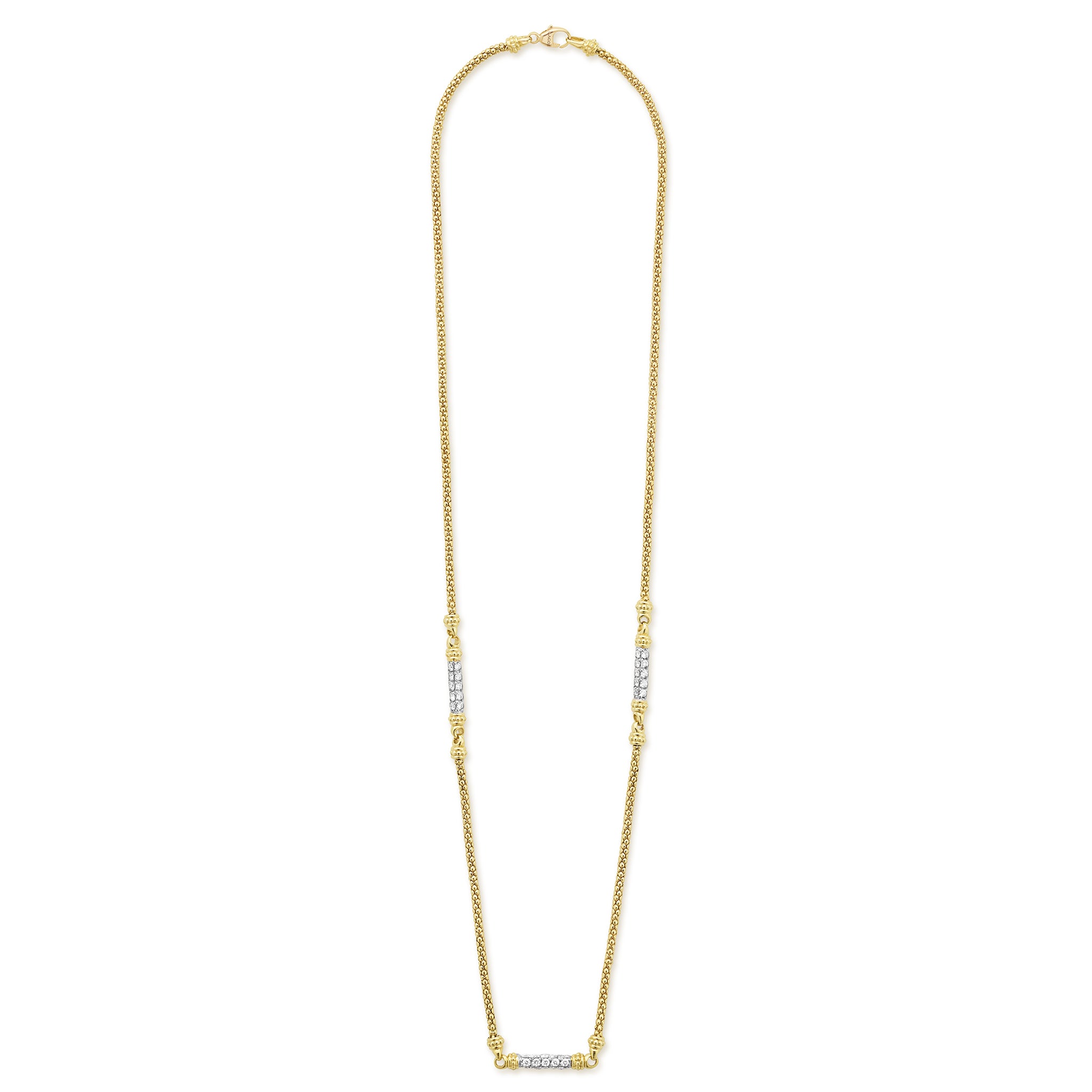 18K Caviar Gold Diamond 3 Station Chain Necklace