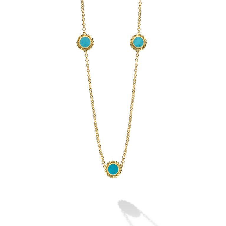 Covet 18K gold 3-station turquoise necklace