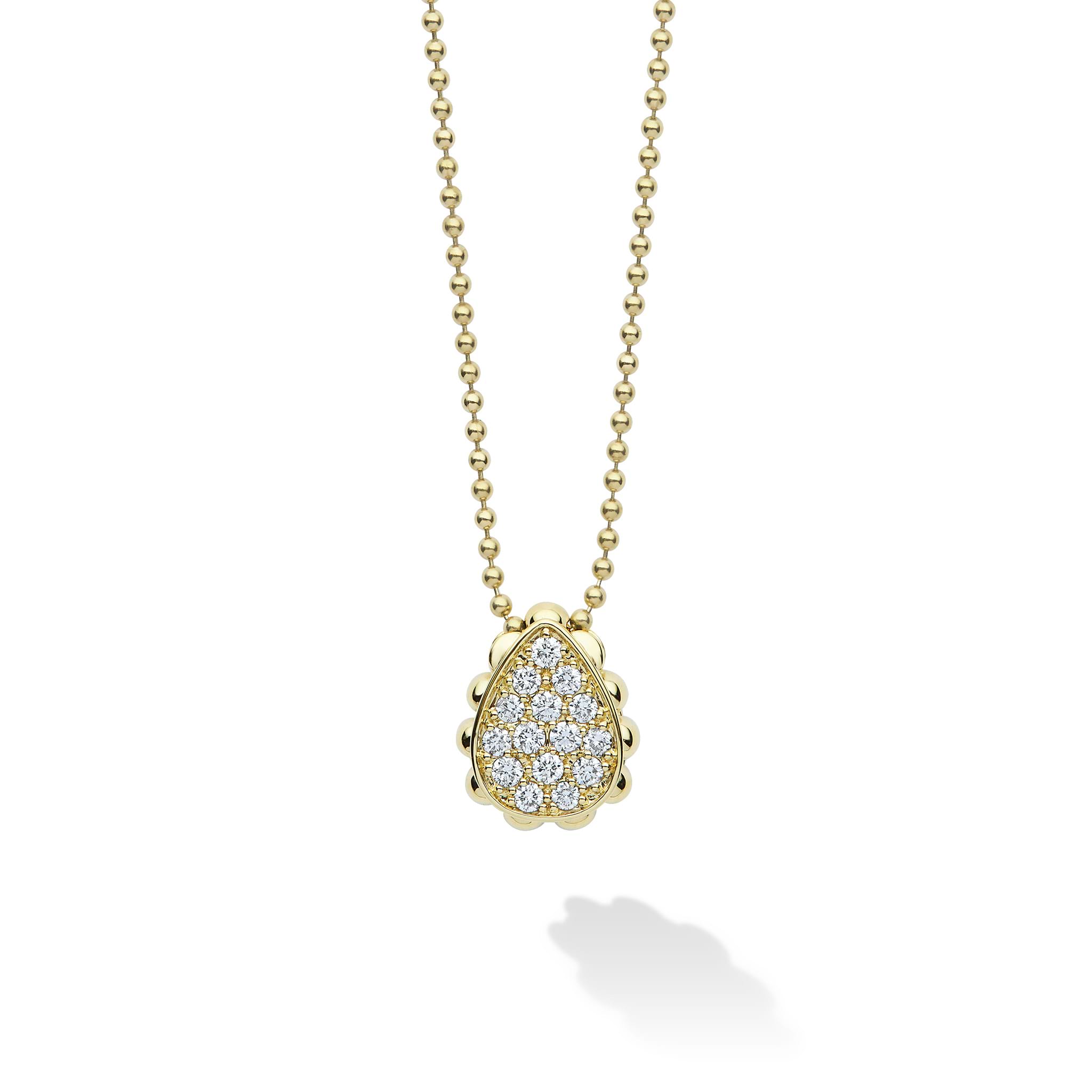 A sleek Caviar lined teardrop pendant features 15 brilliant pave diamonds. Strung on a Caviar beaded chain, this elegant style is perfect for any occasion.