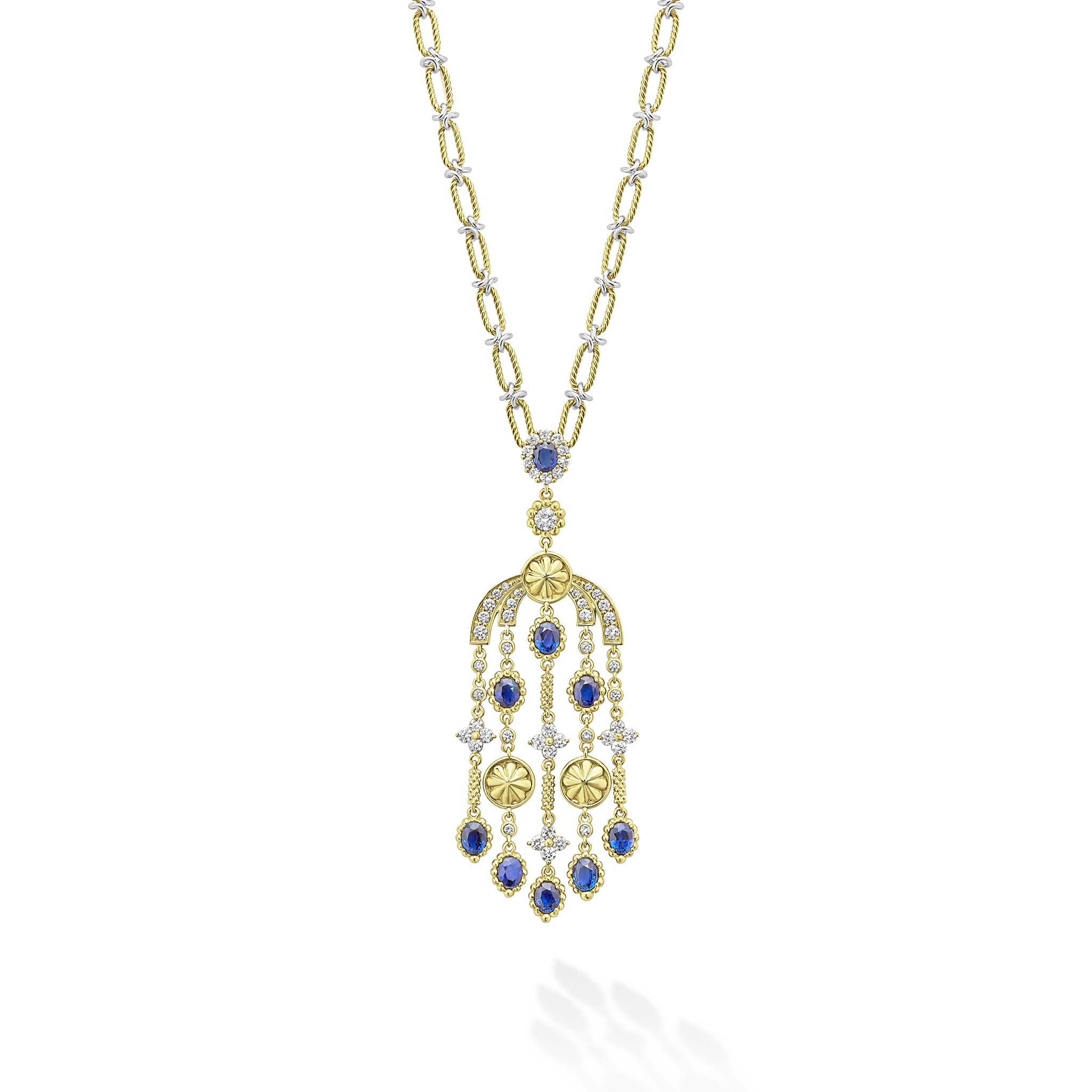 18K gold, diamonds and blue sapphire gemstones form this couture drop necklace. LAGOS diamonds are the highest quality natural stones.